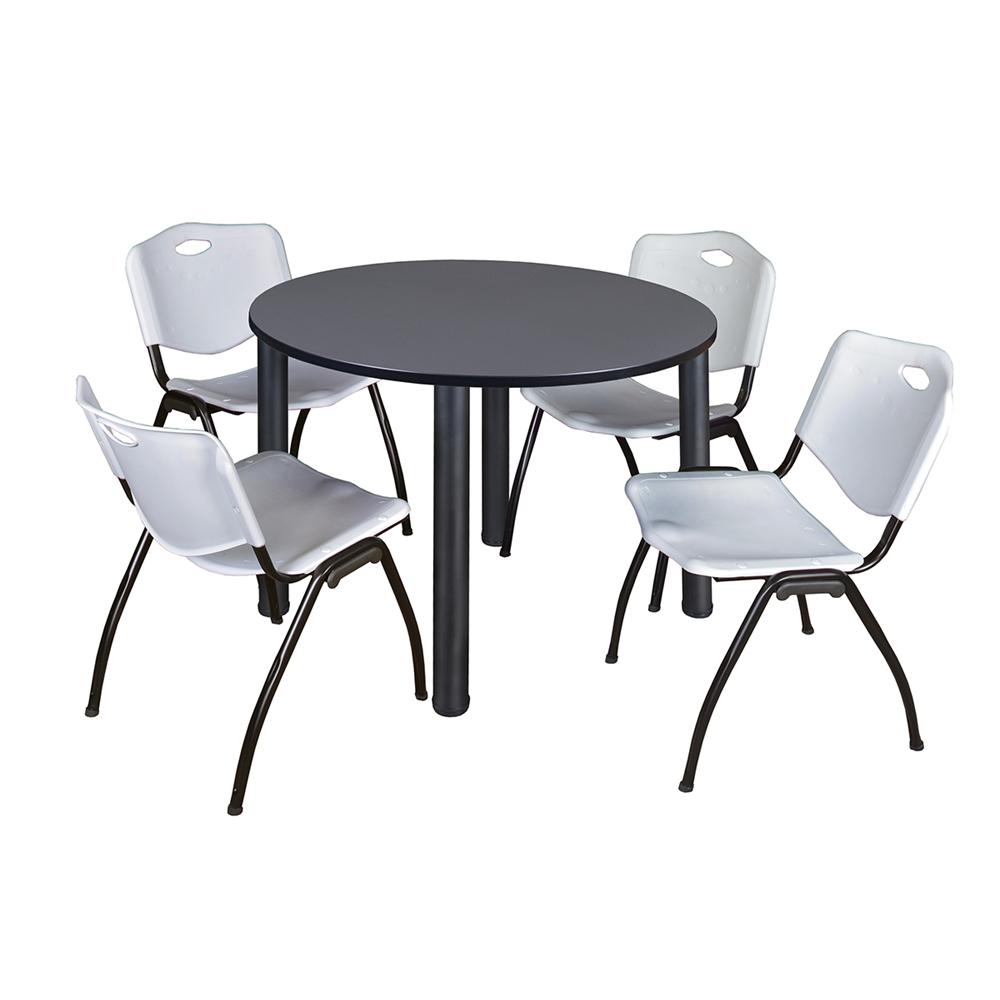 Kee 48" Round Breakroom Table- Grey/ Black & 4 'M' Stack Chairs- Grey. Picture 1
