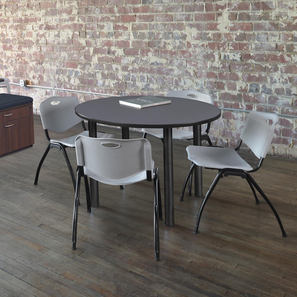 Kee 48" Round Breakroom Table- Grey/ Black & 4 'M' Stack Chairs- Grey. Picture 2