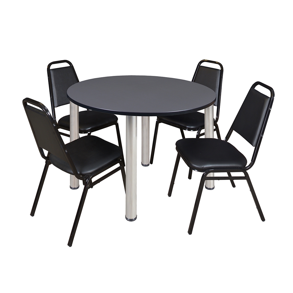 Kee 48" Round Breakroom Table- Grey/ Chrome & 4 Restaurant Stack Chairs- Black. Picture 1