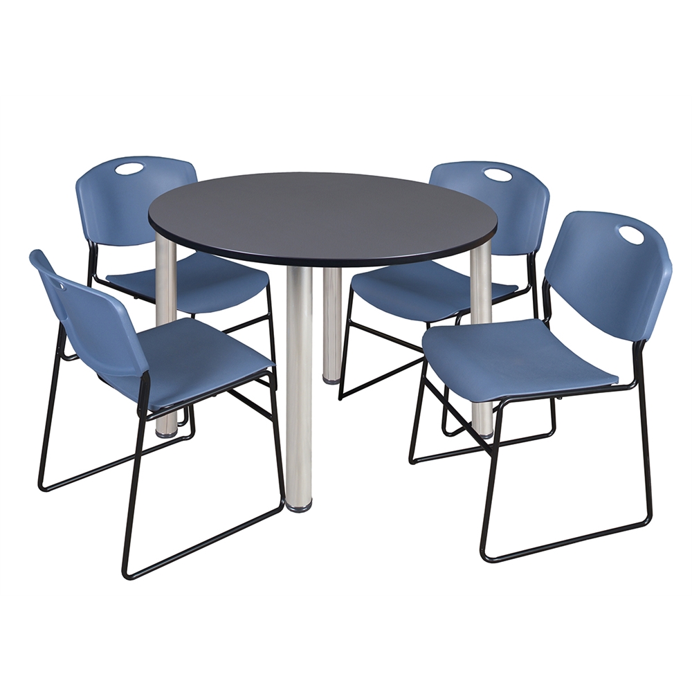 Kee 48" Round Breakroom Table- Grey/ Chrome & 4 Zeng Stack Chairs- Blue. Picture 1