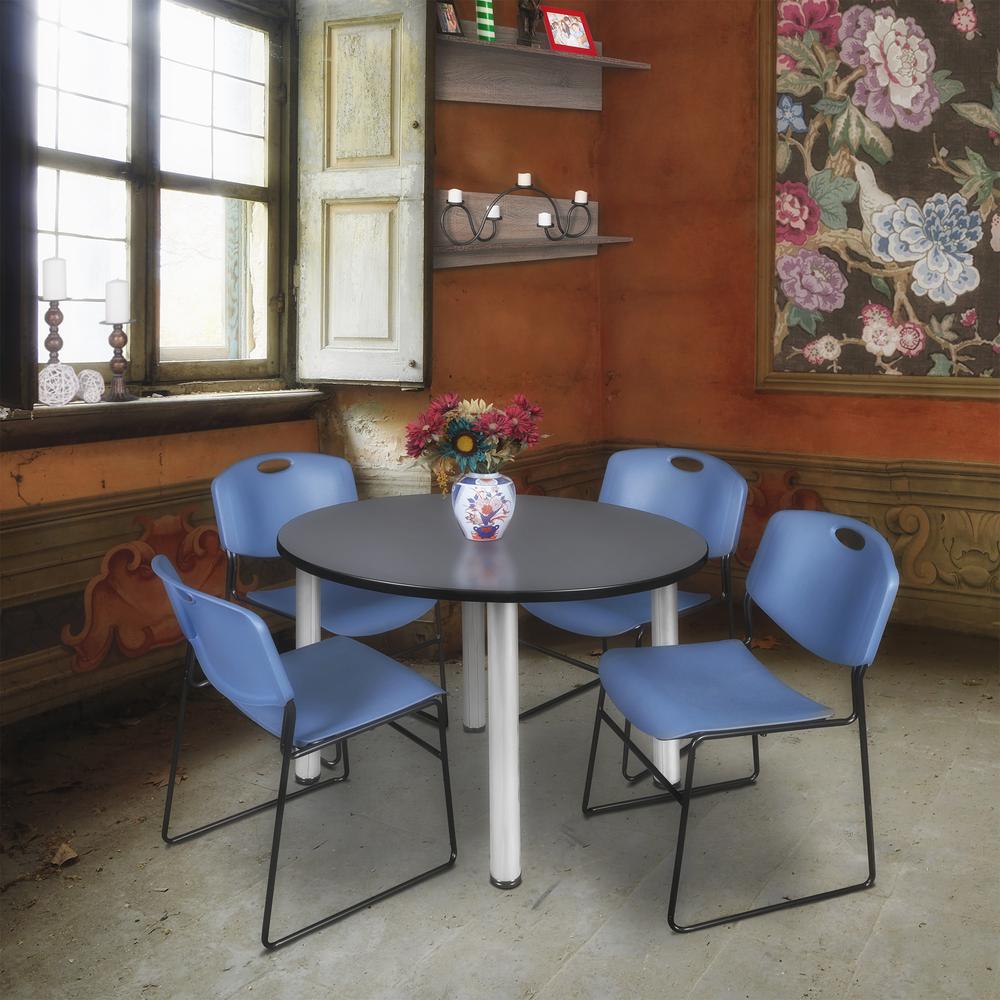 Kee 48" Round Breakroom Table- Grey/ Chrome & 4 Zeng Stack Chairs- Blue. Picture 2