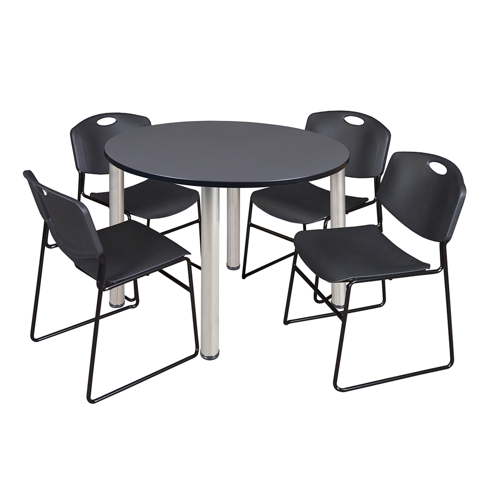 Kee 48" Round Breakroom Table- Grey/ Chrome & 4 Zeng Stack Chairs- Black. Picture 1