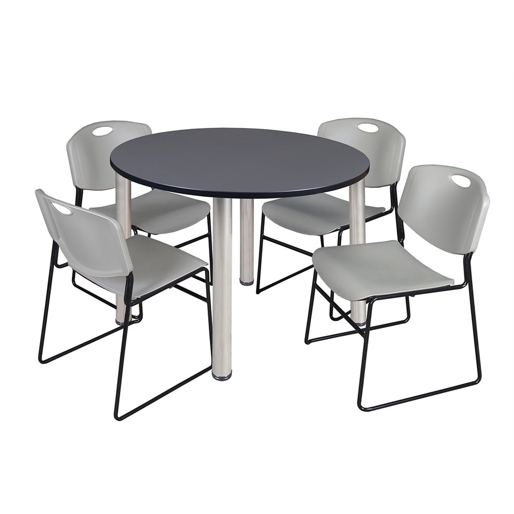 Kee 48" Round Breakroom Table- Grey/ Chrome & 4 Zeng Stack Chairs- Grey. Picture 1