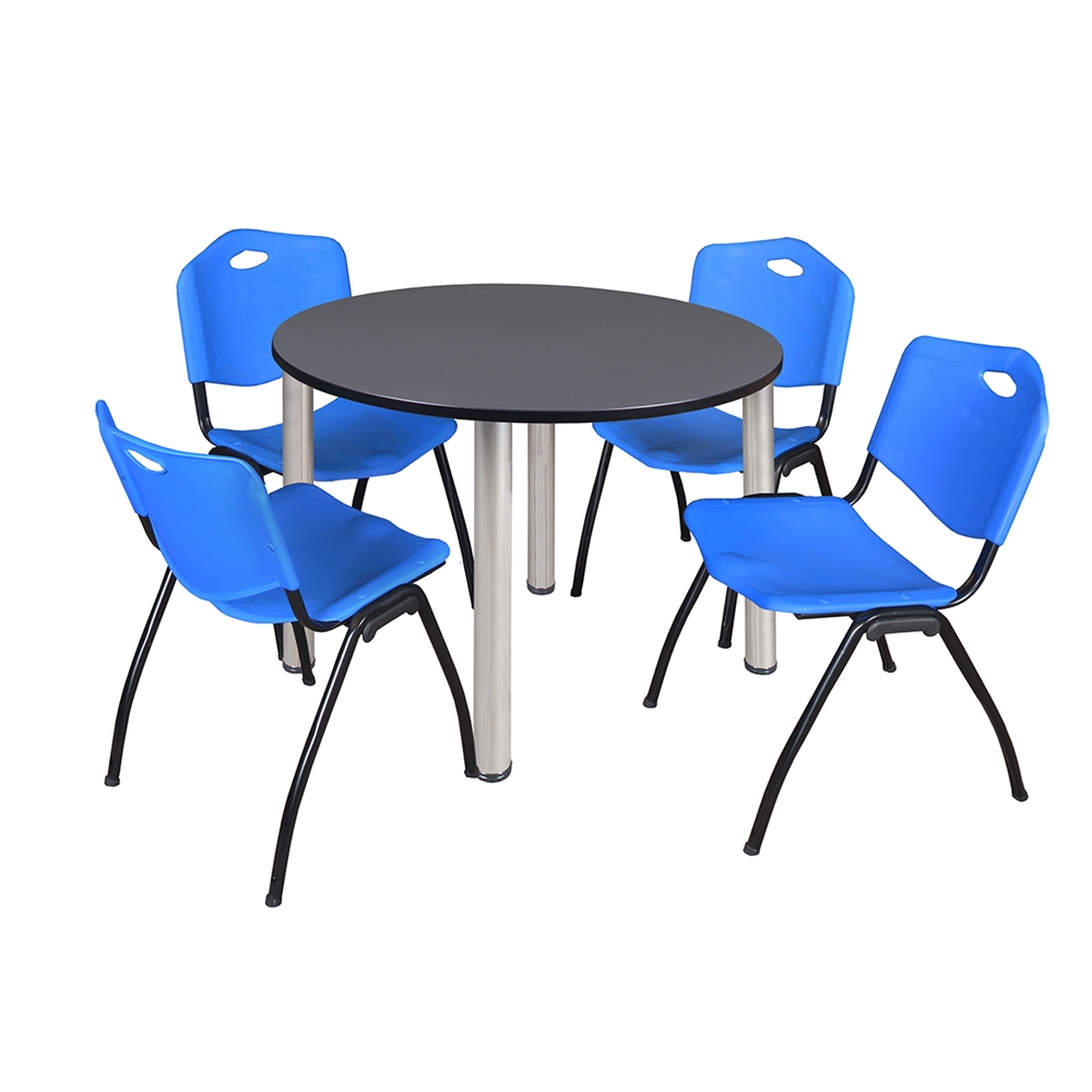 Kee 48" Round Breakroom Table- Grey/ Chrome & 4 'M' Stack Chairs- Blue. Picture 1