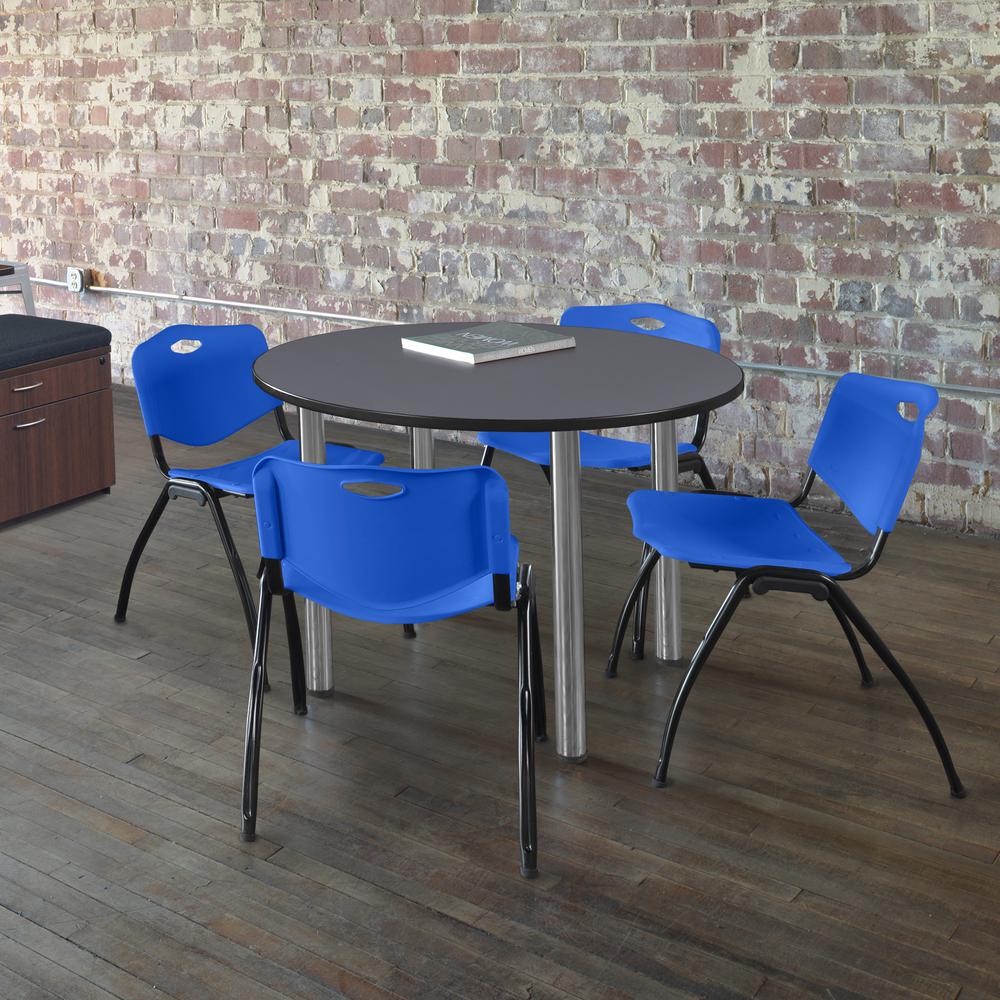 Kee 48" Round Breakroom Table- Grey/ Chrome & 4 'M' Stack Chairs- Blue. Picture 2