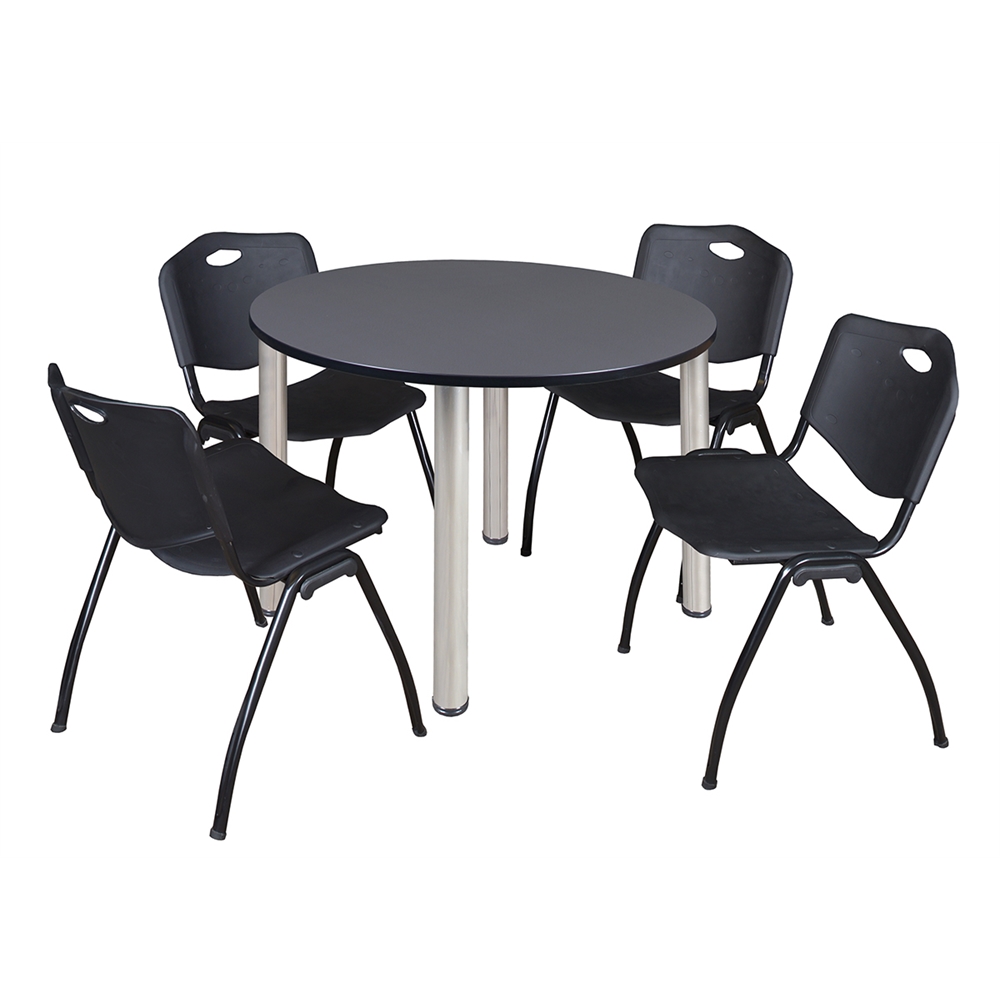 Kee 48" Round Breakroom Table- Grey/ Chrome & 4 'M' Stack Chairs- Black. Picture 1