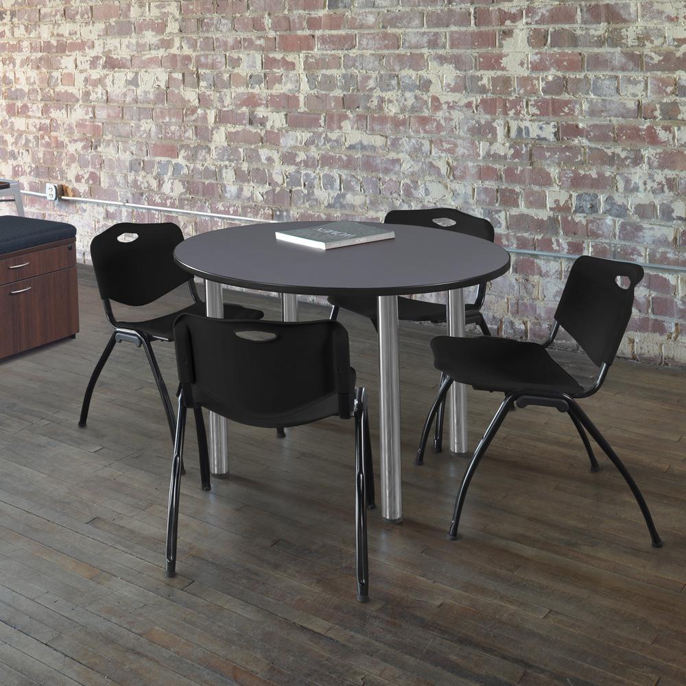 Kee 48" Round Breakroom Table- Grey/ Chrome & 4 'M' Stack Chairs- Black. Picture 2