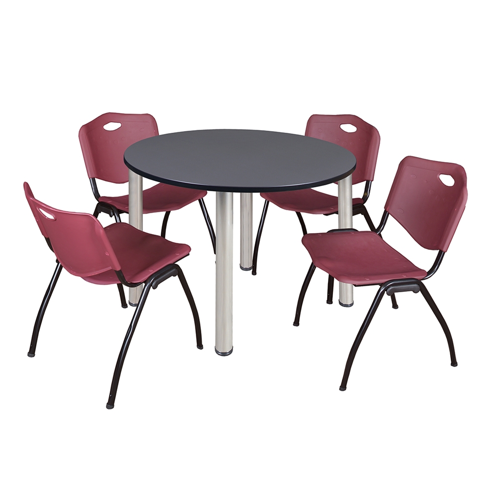 Kee 48" Round Breakroom Table- Grey/ Chrome & 4 'M' Stack Chairs- Burgundy. Picture 1