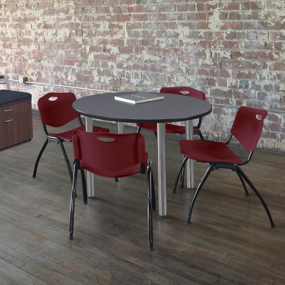 Kee 48" Round Breakroom Table- Grey/ Chrome & 4 'M' Stack Chairs- Burgundy. Picture 2