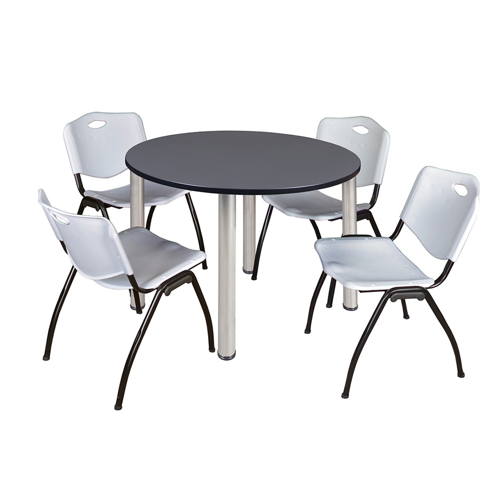 Kee 48" Round Breakroom Table- Grey/ Chrome & 4 'M' Stack Chairs- Grey. Picture 1