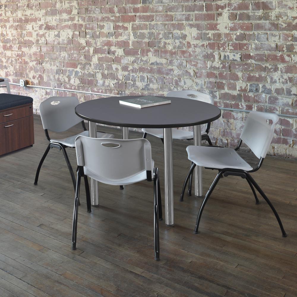 Kee 48" Round Breakroom Table- Grey/ Chrome & 4 'M' Stack Chairs- Grey. Picture 2