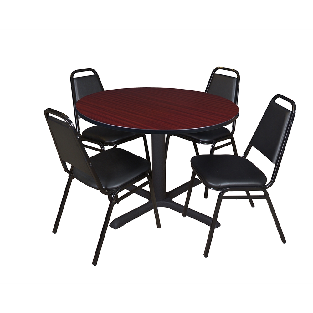 Cain 48" Round Breakroom Table- Mahogany & 4 Restaurant Stack Chairs- Black. Picture 1