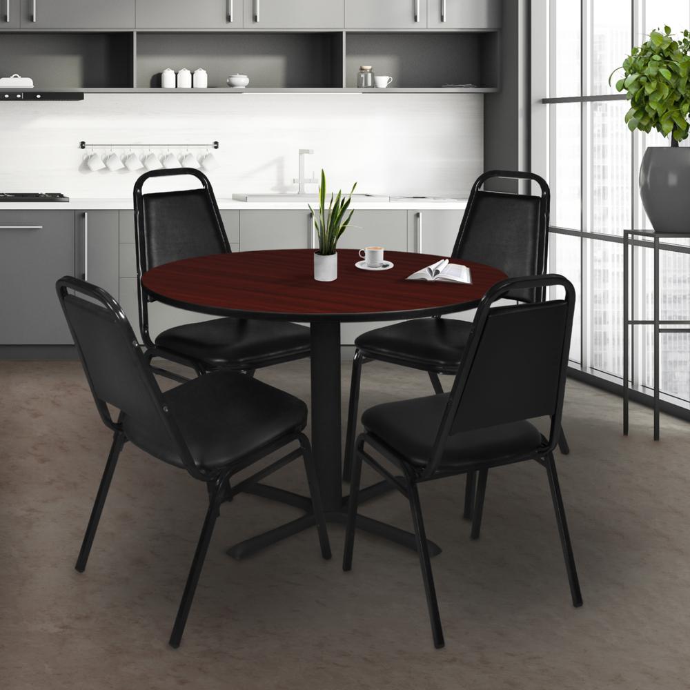 Cain 48" Round Breakroom Table- Mahogany & 4 Restaurant Stack Chairs- Black. Picture 2