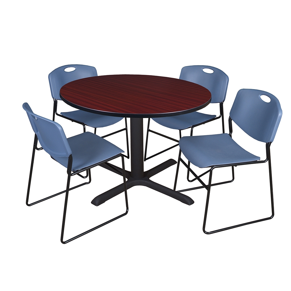 Cain 48" Round Breakroom Table- Mahogany & 4 Zeng Stack Chairs- Blue. Picture 1