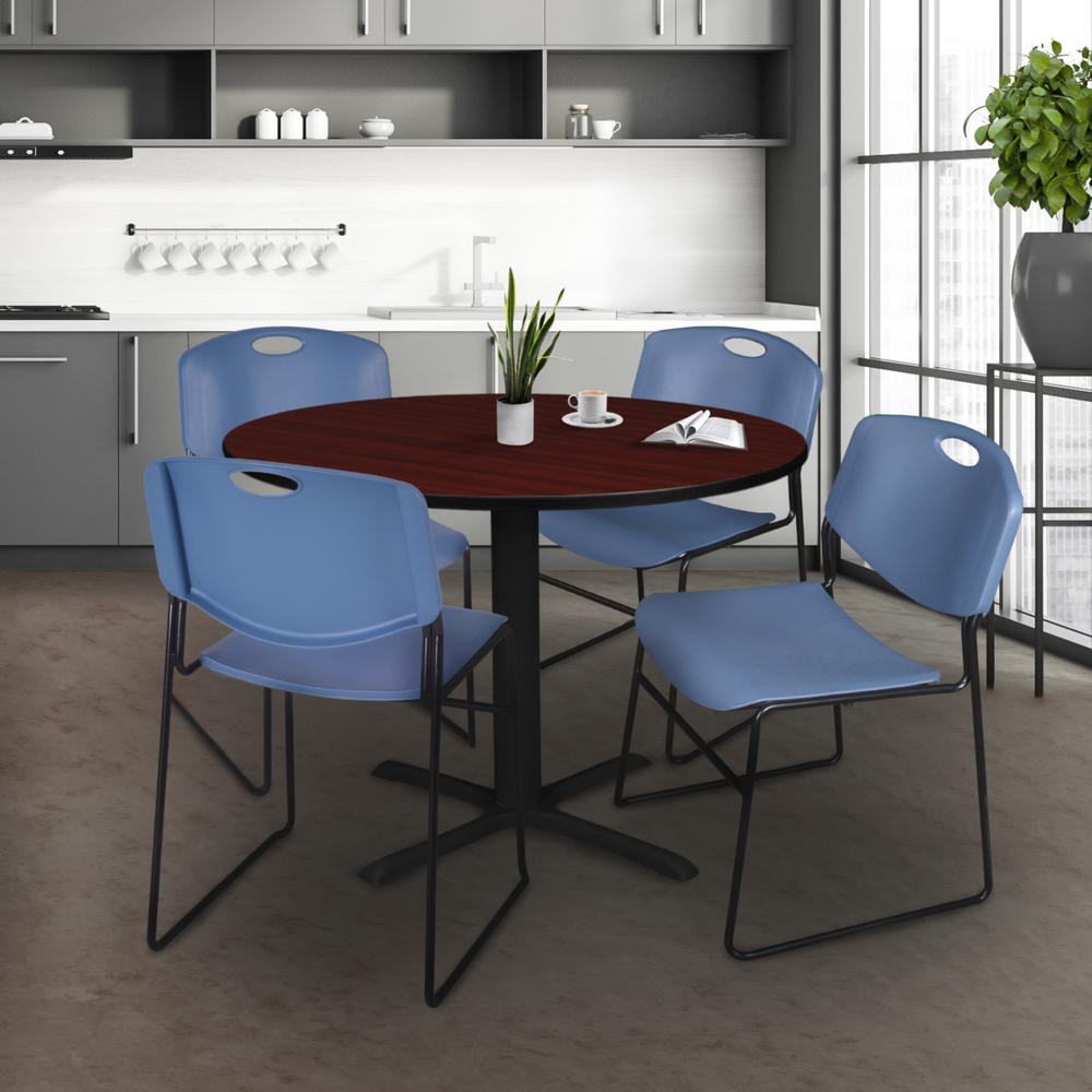 Cain 48" Round Breakroom Table- Mahogany & 4 Zeng Stack Chairs- Blue. Picture 2