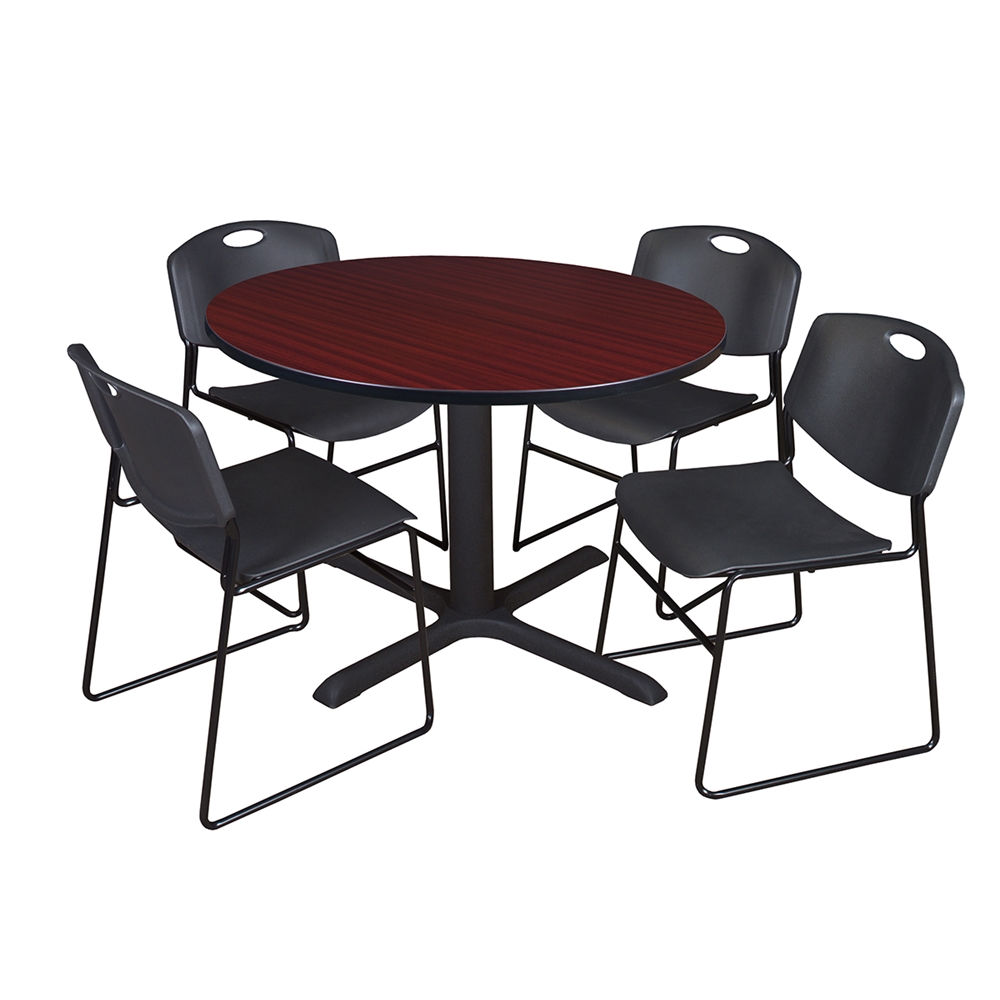 Cain 48" Round Breakroom Table- Mahogany & 4 Zeng Stack Chairs- Black. Picture 1