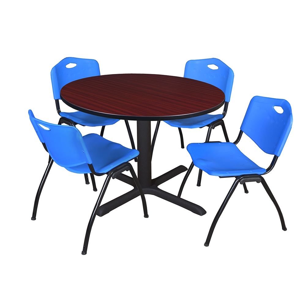 Cain 48" Round Breakroom Table- Mahogany & 4 'M' Stack Chairs- Blue. Picture 1