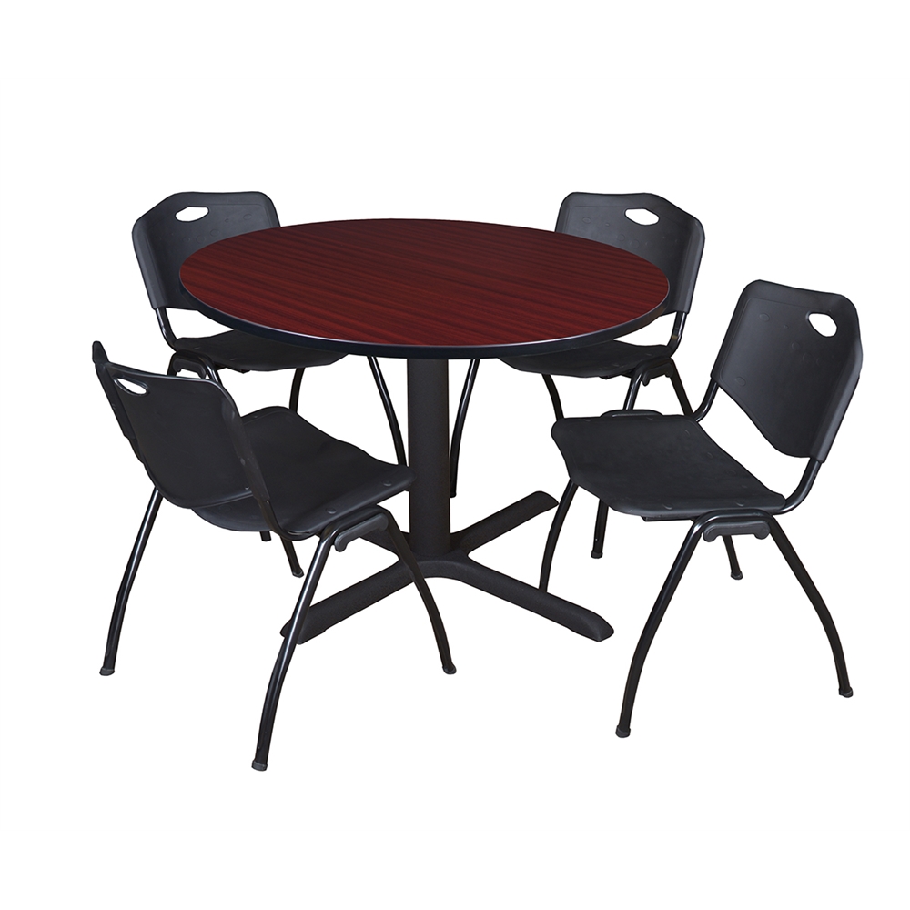 Cain 48" Round Breakroom Table- Mahogany & 4 'M' Stack Chairs- Black. Picture 1