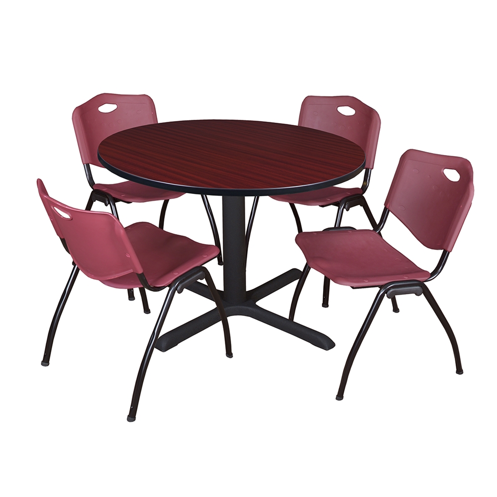 Cain 48" Round Breakroom Table- Mahogany & 4 'M' Stack Chairs- Burgundy. Picture 1