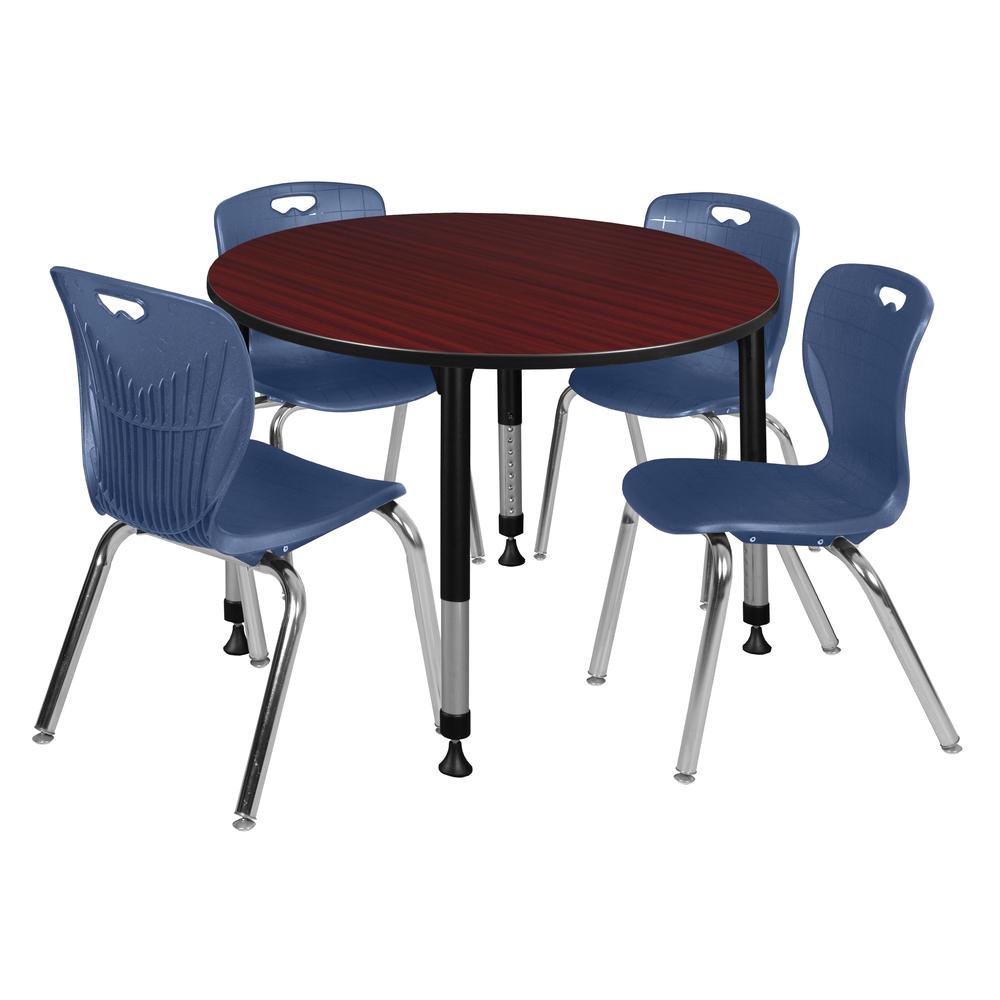 Kee 48" Round Height Adjustable Classroom Table - Mahogany & 4 Andy 18-in Stack Chairs- Navy Blue. Picture 1