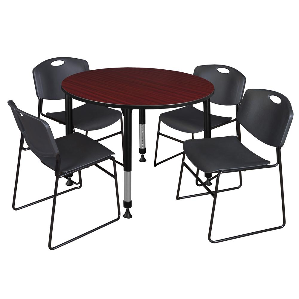 Kee 48" Round Height Adjustable Classroom Table - Mahogany & 4 Zeng Stack Chairs- Black. Picture 1