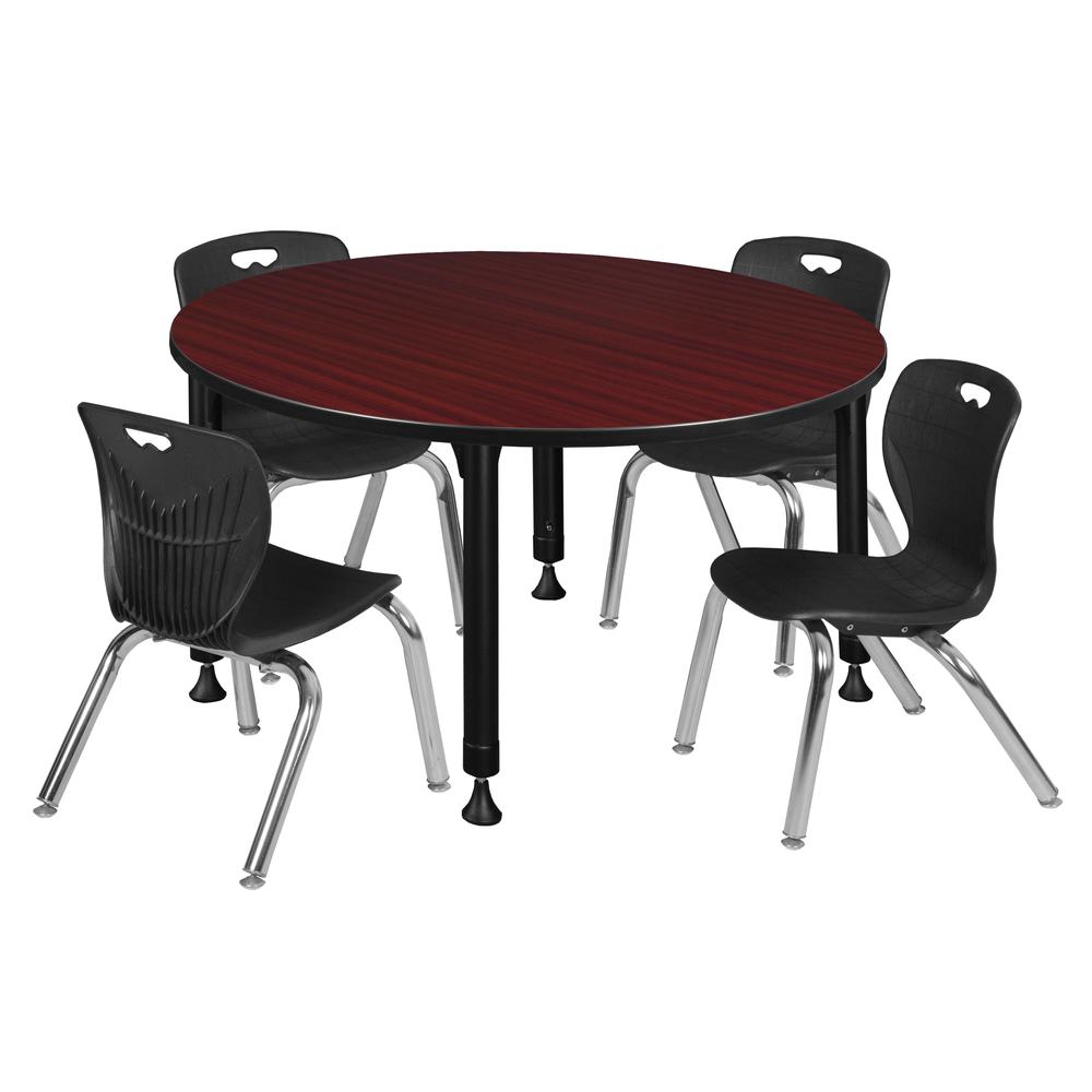 Kee 48" Round Height Adjustable Classroom Table - Mahogany & 4 Andy 12-in Stack Chairs- Black. Picture 1