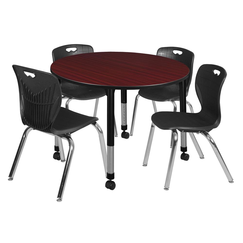 Kee 48" Round Height Adjustable Classroom Table - Mahogany & 4 Andy 18-in Stack Chairs- Black. Picture 1