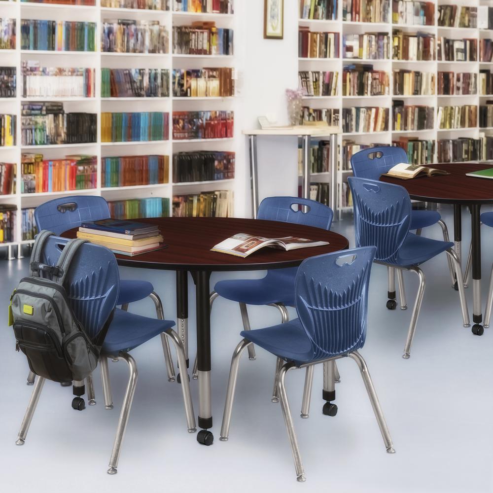 Kee 48" Round Height Adjustable Classroom Table - Mahogany & 4 Andy 18-in Stack Chairs- Navy Blue. Picture 6