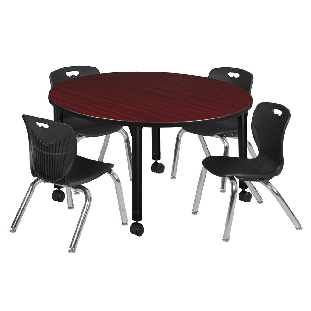 Kee 48" Round Height Adjustable Classroom Table - Mahogany & 4 Andy 12-in Stack Chairs- Black. Picture 1
