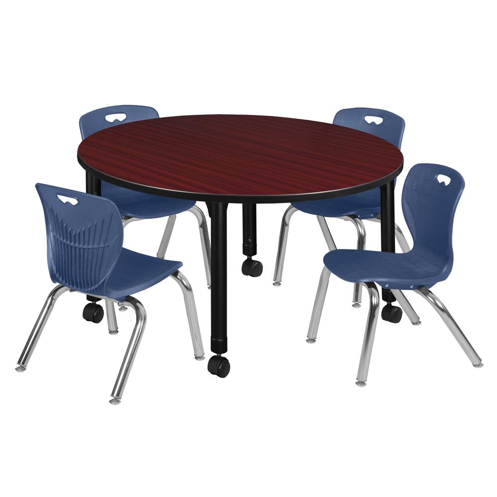 Kee 48" Round Height Adjustable Classroom Table - Mahogany & 4 Andy 12-in Stack Chairs- Navy Blue. Picture 1