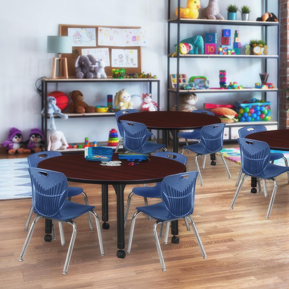 Kee 48" Round Height Adjustable Classroom Table - Mahogany & 4 Andy 12-in Stack Chairs- Navy Blue. Picture 6