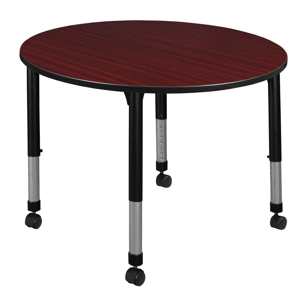 Kee 48" Round Height Adjustable  Mobile Classroom Table - Mahogany. Picture 1