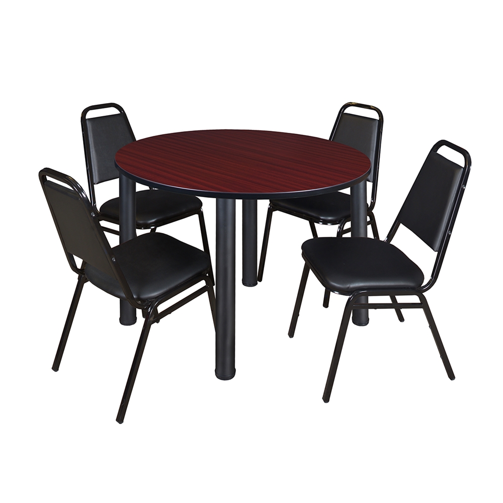 Kee 48" Round Breakroom Table- Mahogany/ Black & 4 Restaurant Stack Chairs- Black. Picture 1