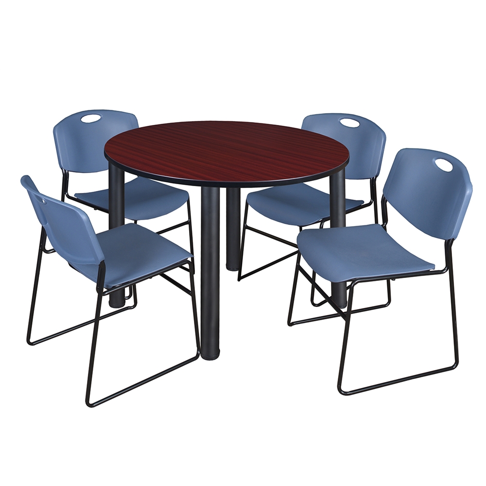 Kee 48" Round Breakroom Table- Mahogany/ Black & 4 Zeng Stack Chairs- Blue. Picture 1