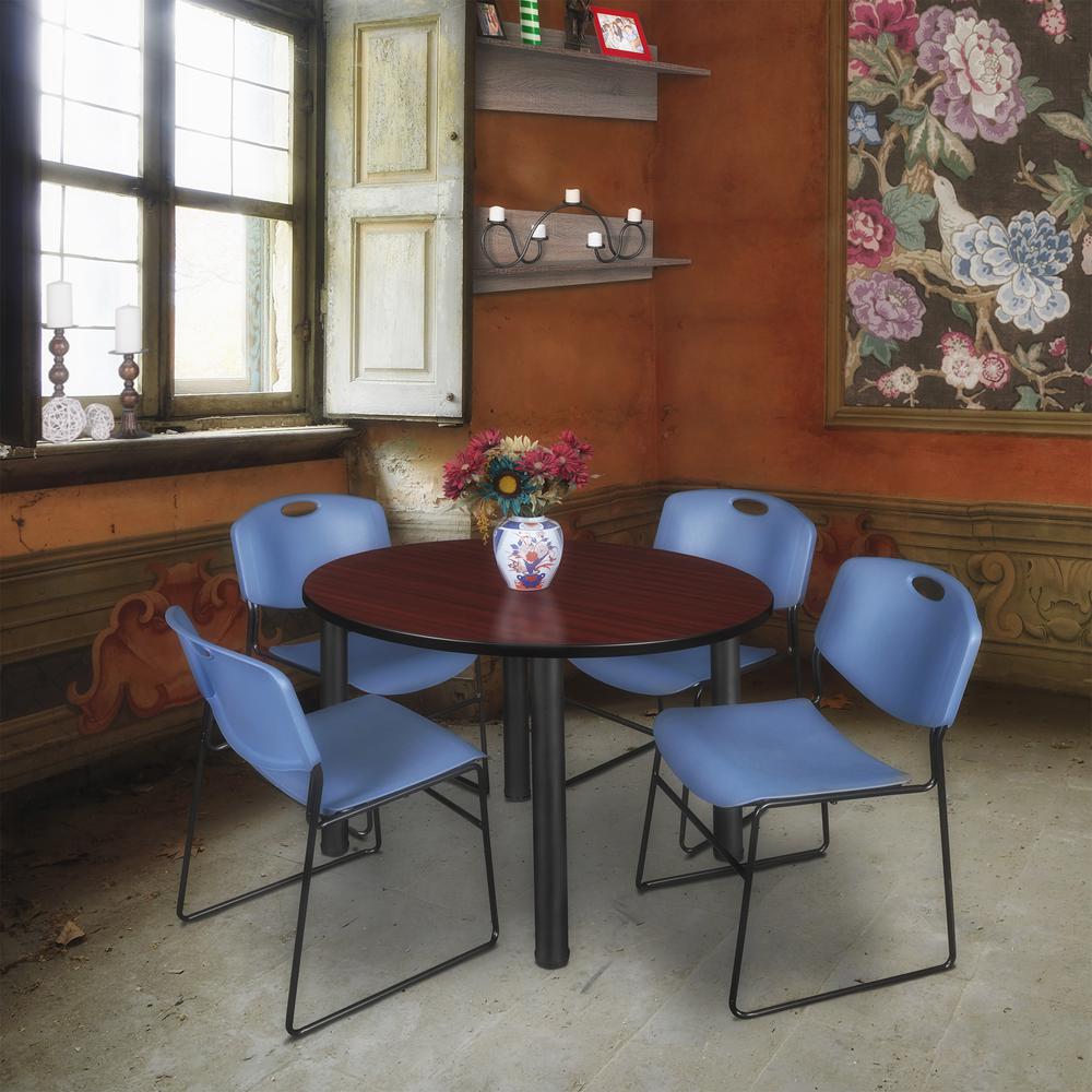 Kee 48" Round Breakroom Table- Mahogany/ Black & 4 Zeng Stack Chairs- Blue. Picture 2