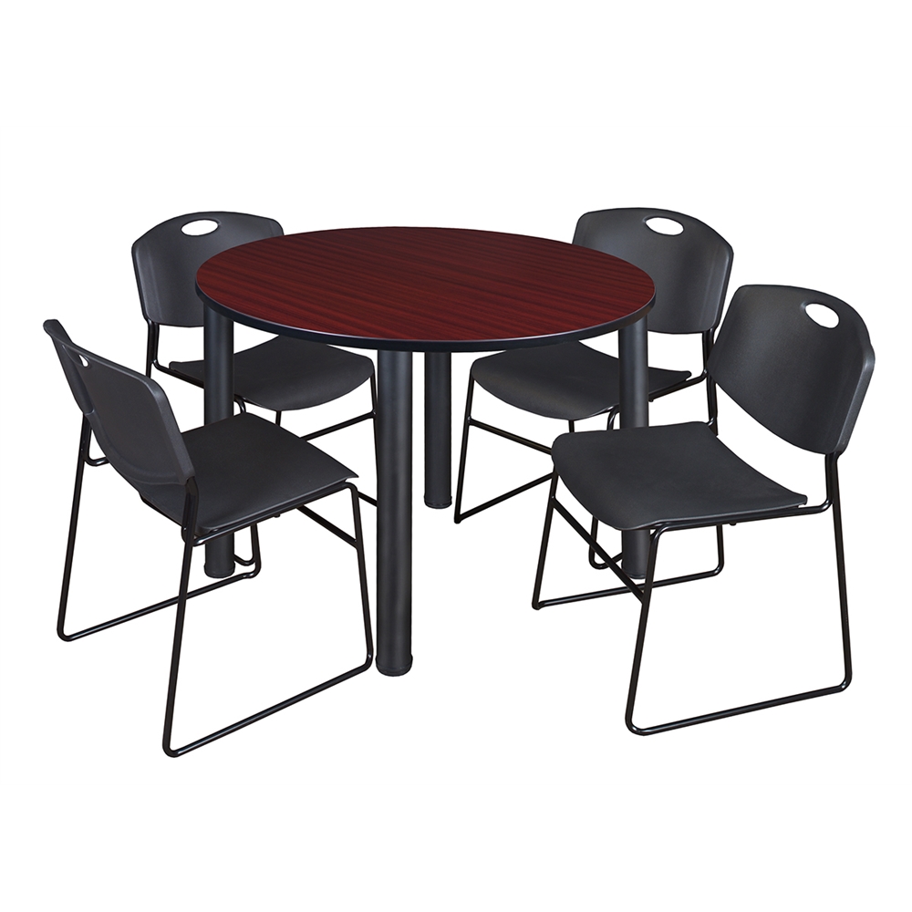 Kee 48" Round Breakroom Table- Mahogany/ Black & 4 Zeng Stack Chairs- Black. Picture 1
