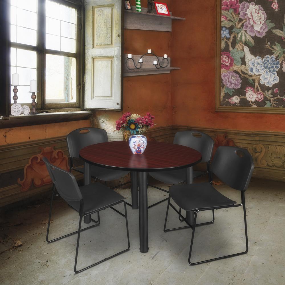 Kee 48" Round Breakroom Table- Mahogany/ Black & 4 Zeng Stack Chairs- Black. Picture 2