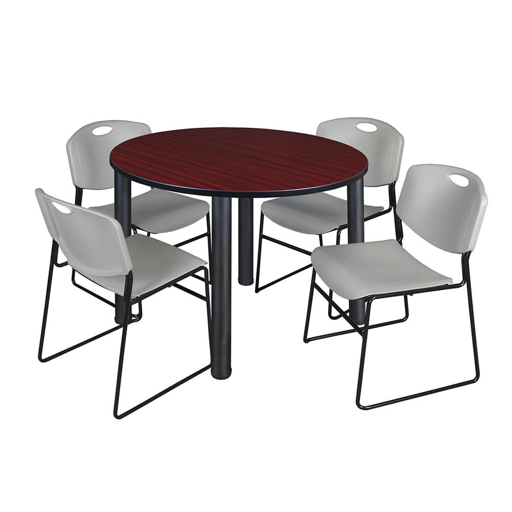 Kee 48" Round Breakroom Table- Mahogany/ Black & 4 Zeng Stack Chairs- Grey. Picture 1