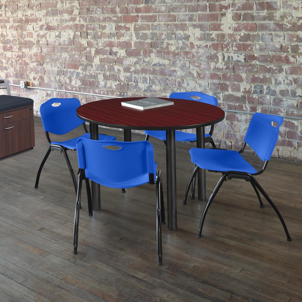 Kee 48" Round Breakroom Table- Mahogany/ Black & 4 'M' Stack Chairs- Blue. Picture 2