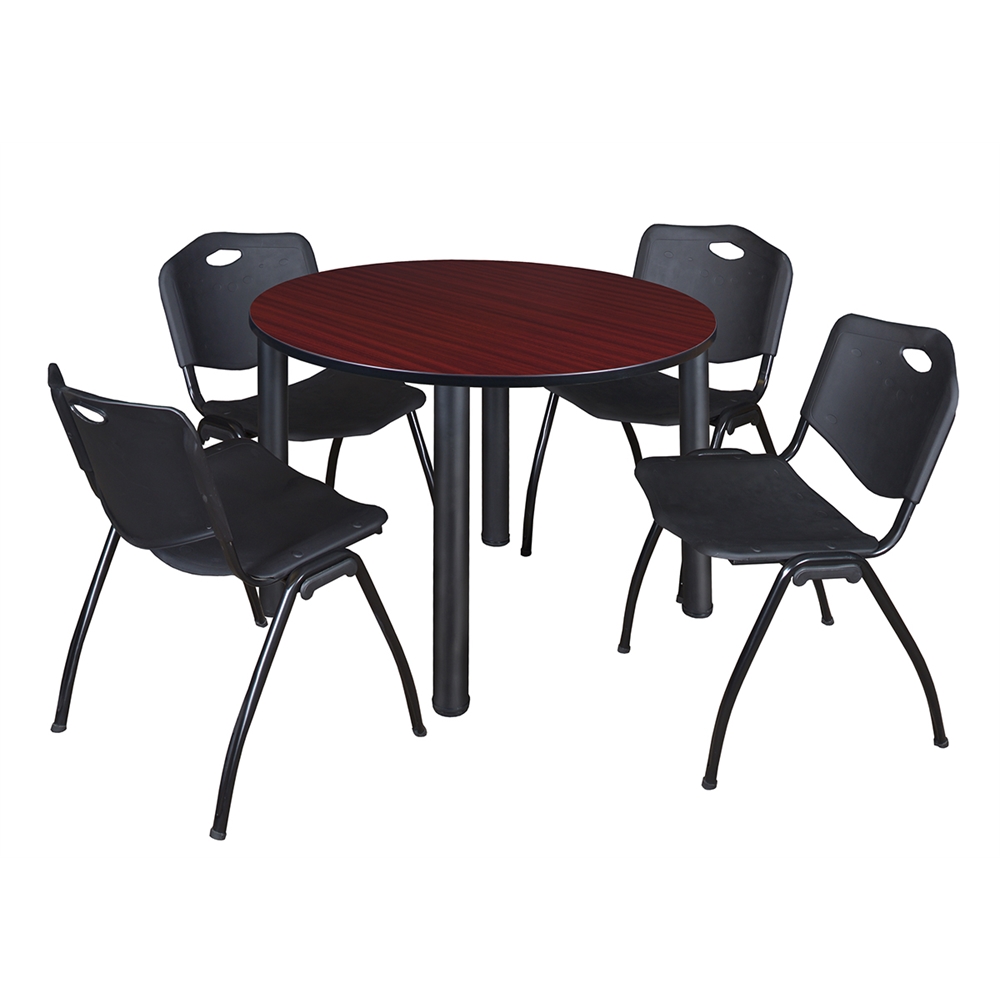 Kee 48" Round Breakroom Table- Mahogany/ Black & 4 'M' Stack Chairs- Black. Picture 1