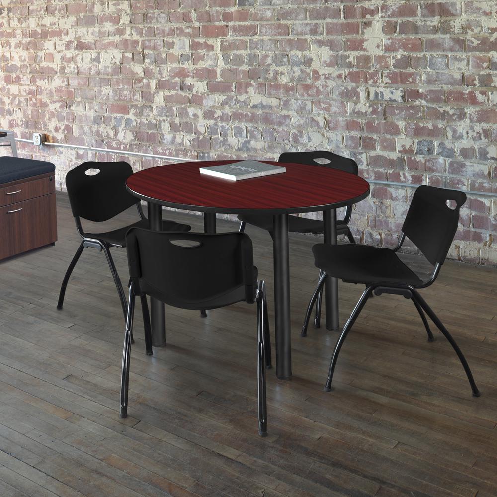 Kee 48" Round Breakroom Table- Mahogany/ Black & 4 'M' Stack Chairs- Black. Picture 2