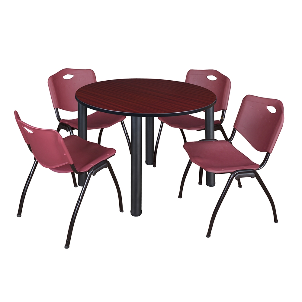 Kee 48" Round Breakroom Table- Mahogany/ Black & 4 'M' Stack Chairs- Burgundy. Picture 1