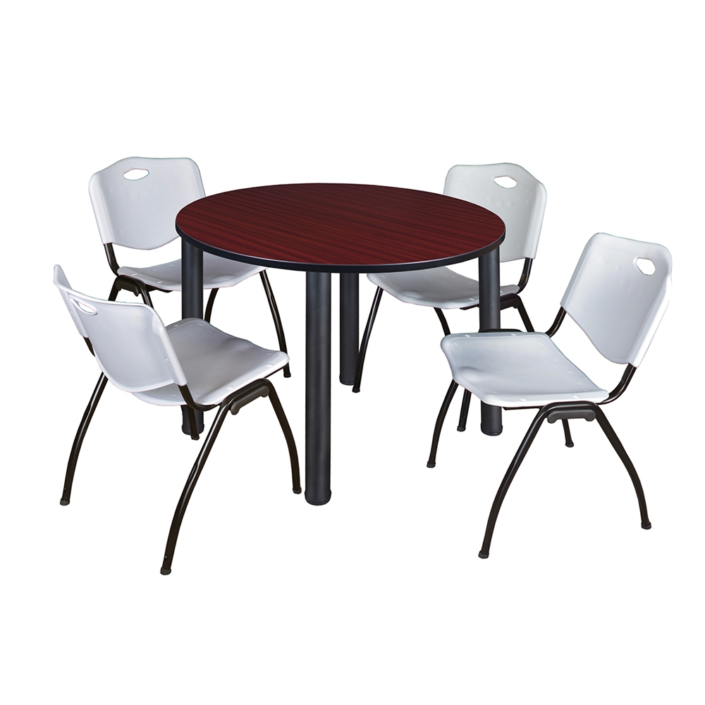 Kee 48" Round Breakroom Table- Mahogany/ Black & 4 'M' Stack Chairs- Grey. Picture 1