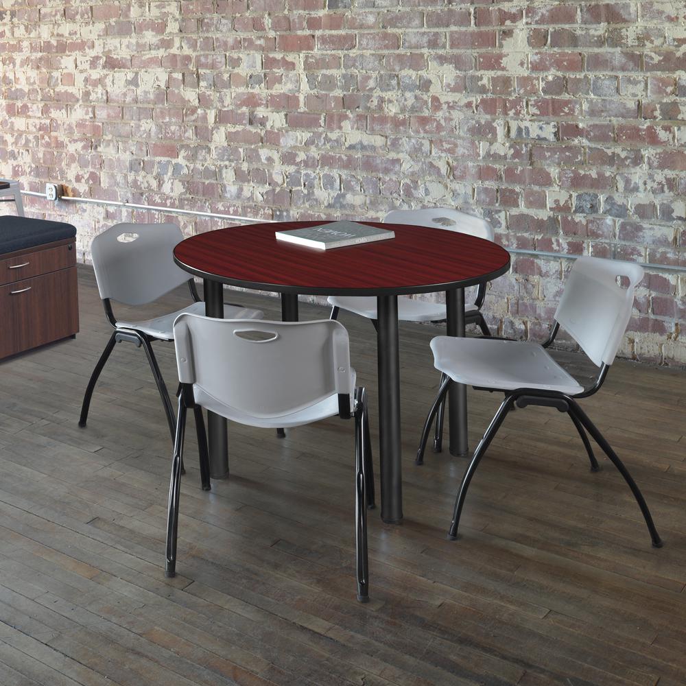 Kee 48" Round Breakroom Table- Mahogany/ Black & 4 'M' Stack Chairs- Grey. Picture 2
