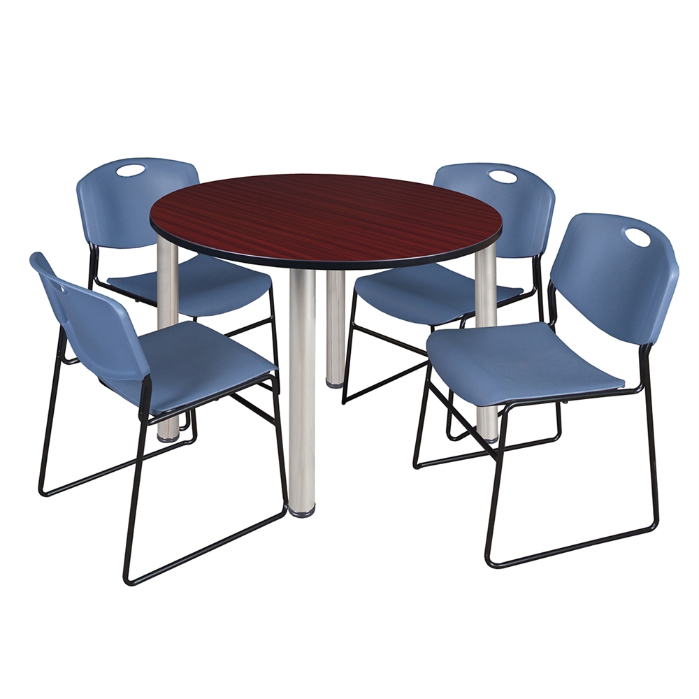 Kee 48" Round Breakroom Table- Mahogany/ Chrome & 4 Zeng Stack Chairs- Blue. Picture 1