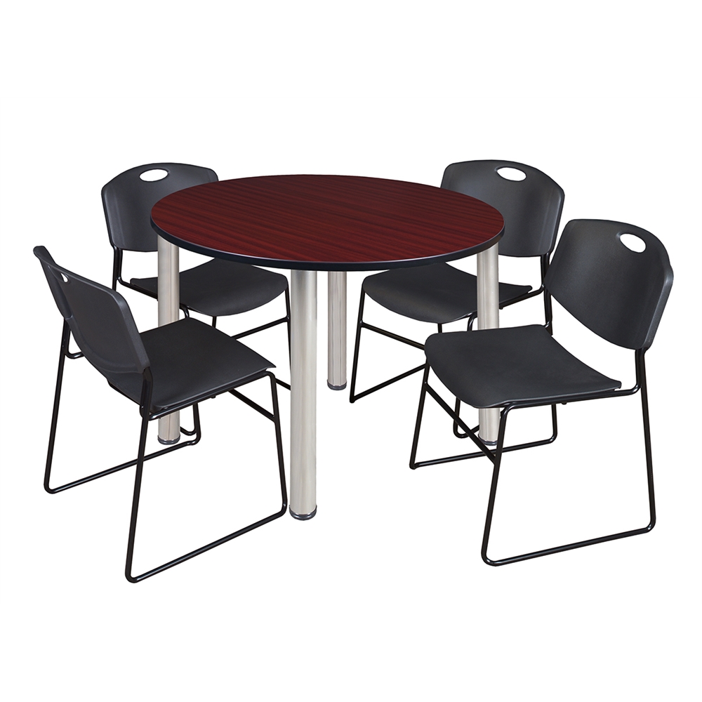 Kee 48" Round Breakroom Table- Mahogany/ Chrome & 4 Zeng Stack Chairs- Black. Picture 1