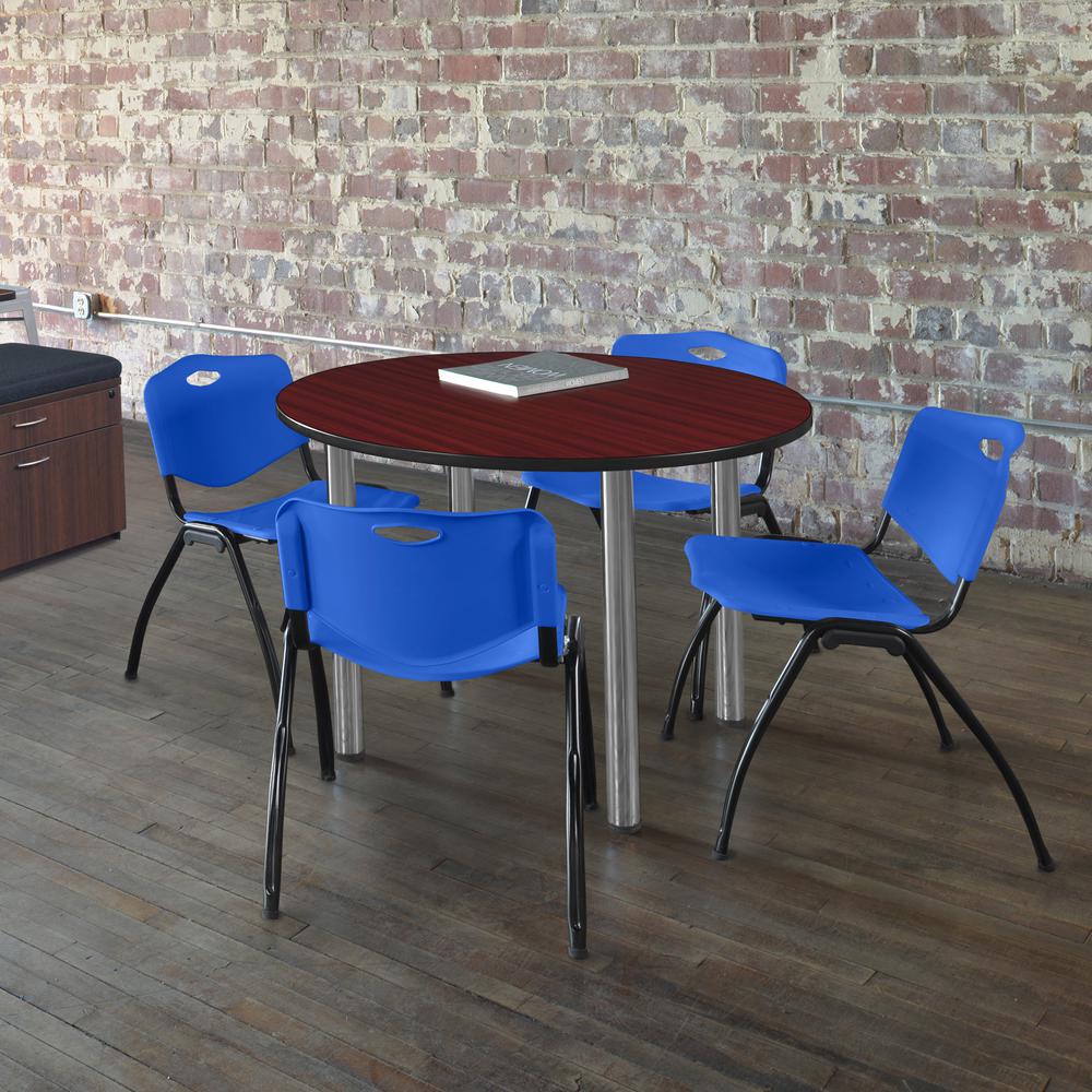 Kee 48" Round Breakroom Table- Mahogany/ Chrome & 4 'M' Stack Chairs- Blue. Picture 2