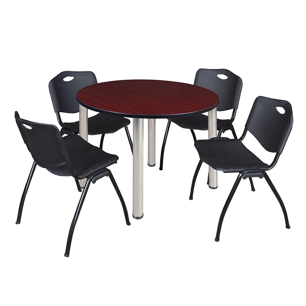 Kee 48" Round Breakroom Table- Mahogany/ Chrome & 4 'M' Stack Chairs- Black. Picture 1