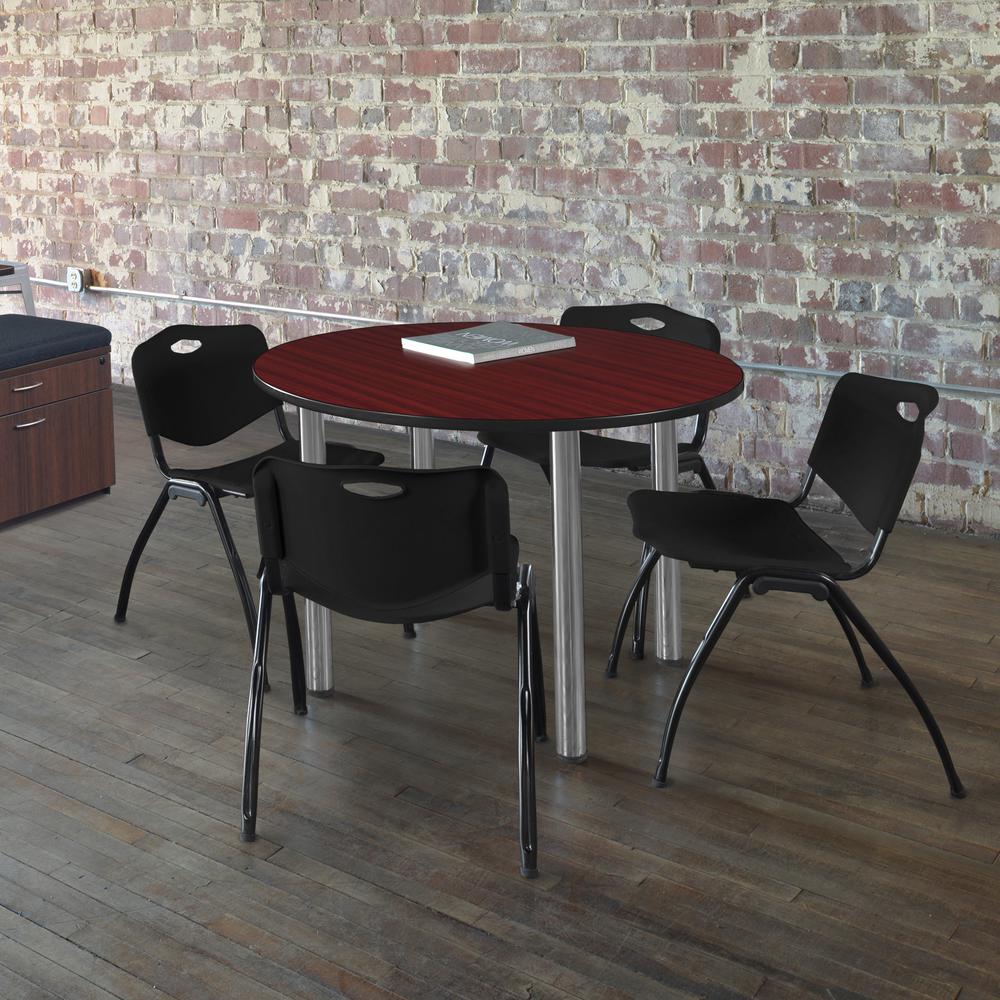 Kee 48" Round Breakroom Table- Mahogany/ Chrome & 4 'M' Stack Chairs- Black. Picture 2