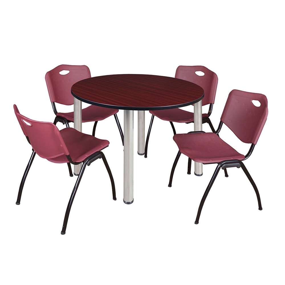 Kee 48" Round Breakroom Table- Mahogany/ Chrome & 4 'M' Stack Chairs- Burgundy. Picture 1